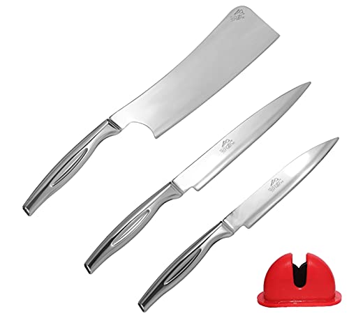 Silver Shark Stainless Steel Kitchen Knife Set for Home Combo Silver Shark Stainless Steel Kitchen Knife Set for Home Combo 4 Pieces, Cleaver Knife for Meat Heavy, Chopping Knife for Kitchen Use, Chef Knife Professional, Knife Sharpener Tool Small Size