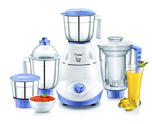 Prestige Iris 750 Watt Mixer Grinder with 3 Stainless Steel Prestige Iris 750 Watt Mixer Grinder with 3 Stainless Steel Jar + 1 Juicer Jar (White and Blue)
