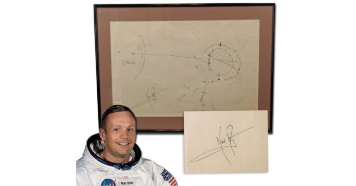 A large pen sketch hand-drawn and signed by Neil Armstrong will headline University Archives' online auction, Sept. 28th