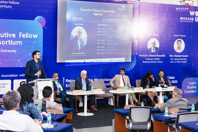 Naveen Kumar, IAS & Dr. Hamid Bouchikhi at Woxsen Univeristy's Woxsen University Vice-President - Dr. Raul V. Rodriguez addressing the gathering at Executive Fellows Consortium, 2023