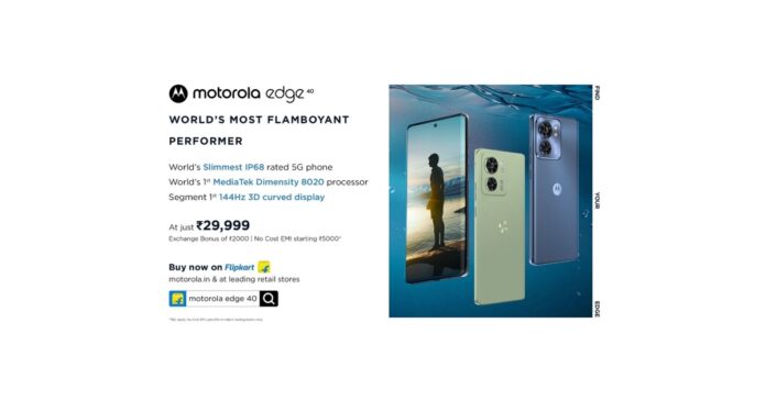 motorola edge 40 the Worlds Slimmest 5G Phone with IP68 Underwater Protection144Hz 3D Curved Display Worlds 1st MediaTek Dimensity 8020 and More Goes on Sale Today on Flipkart Motorola.in and Other Leading Retail Stores