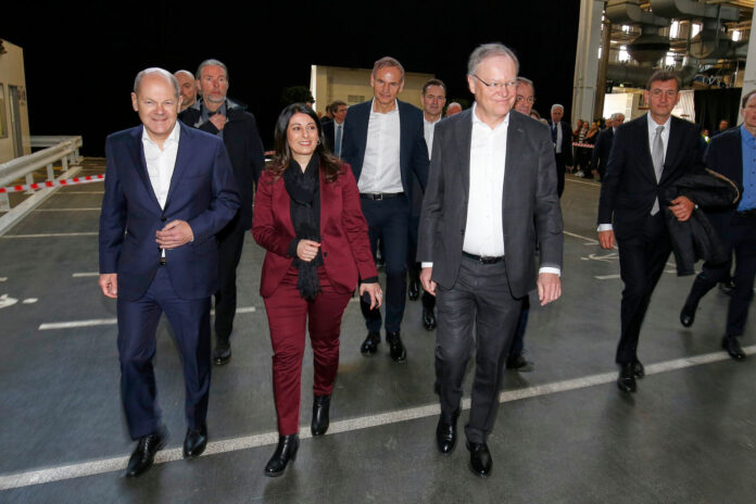 German Chancellor Olaf Scholz attends his first Volkswagen works meeting