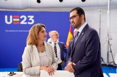 COP28 President-Designate engages with EU ministers in Spain to advance Dr. Sultan Al Jaber, COP28 President-Designate with Spanish Deputy Prime Minister and Minister for the Ecological Transition Teresa Ribera during his meeting with EU Energy and Environment Ministers in Madrid