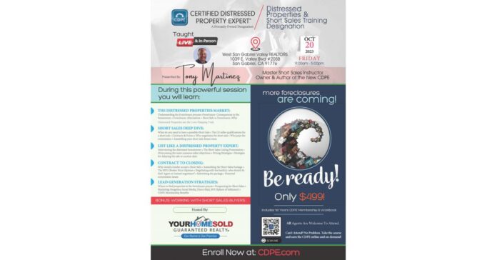 YHSGR Presents CDPE Certification Training Led by Tony Martinez, Master Short Sale Instructor and Author of the New CDPE
