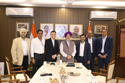 Malaysia's Gentari and Singapore's GIC tie up with Greenko founders Mr Navjit Gill , Country Head ,Gentari India, Mr Anil Chalamalsetty , Founder, AM Green, Mr Kian Min Low, Chief Renewables Officer, Gentari, Mr Hardeep Singh Puri , Honourable Minister for Petroleum & Natural Gas, Govt of India, Mr Suhil Purohit , Chief Executive Officer ,Gentari, Mr Mahesh Kolli , Founder, AM Green, Mr Gautam Reddy - Chief Operating Officer, AM Green