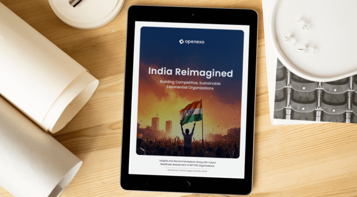 This is the cover of the India Reimagined Report which shows the title of the report as well as an image of a crowd with the Indian flag
