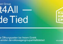 40 Years of Kunsthalle Emden: Volkswagen Group extends time for art experiences Gradient poster reading “Volkswagen Group Art4All — Tide Tied,” noting extra opening hours with free admission; logos of Kunsthalle Emden and Volkswagen Group.