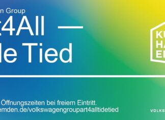 Gradient poster reading “Volkswagen Group Art4All — Tide Tied,” noting extra opening hours with free admission; logos of Kunsthalle Emden and Volkswagen Group.