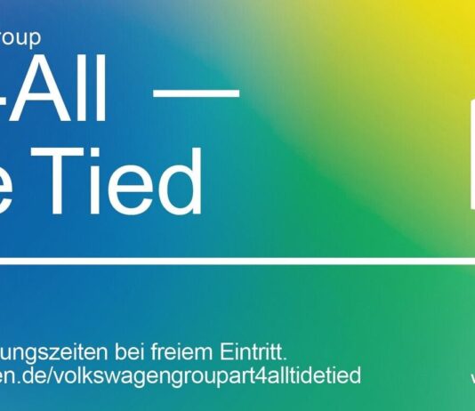 40 Years of Kunsthalle Emden: Volkswagen Group extends time for art experiences Gradient poster reading “Volkswagen Group Art4All — Tide Tied,” noting extra opening hours with free admission; logos of Kunsthalle Emden and Volkswagen Group.